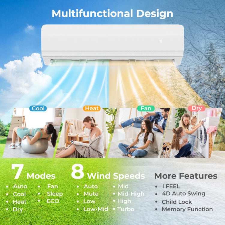 18000 BTU Dual 2 Zone Mini Split Air Conditioner 20 SEER2 Wifi Enabled Ductless Wall Mounted Inverter AC Unit with 24H Timer and Remote Control