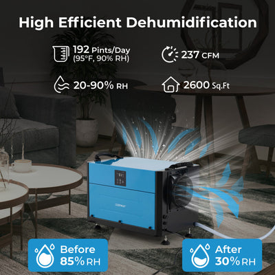 192 Pint Crawl Space Dehumidifier with 3 Modes and 24H Timer