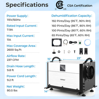 192 Pint Crawl Space Dehumidifier with Remote Control and 24H Timer, Commercial Dehumidifier with Auto Defrost, Memory Function, LED Display for Crawlspaces Basements