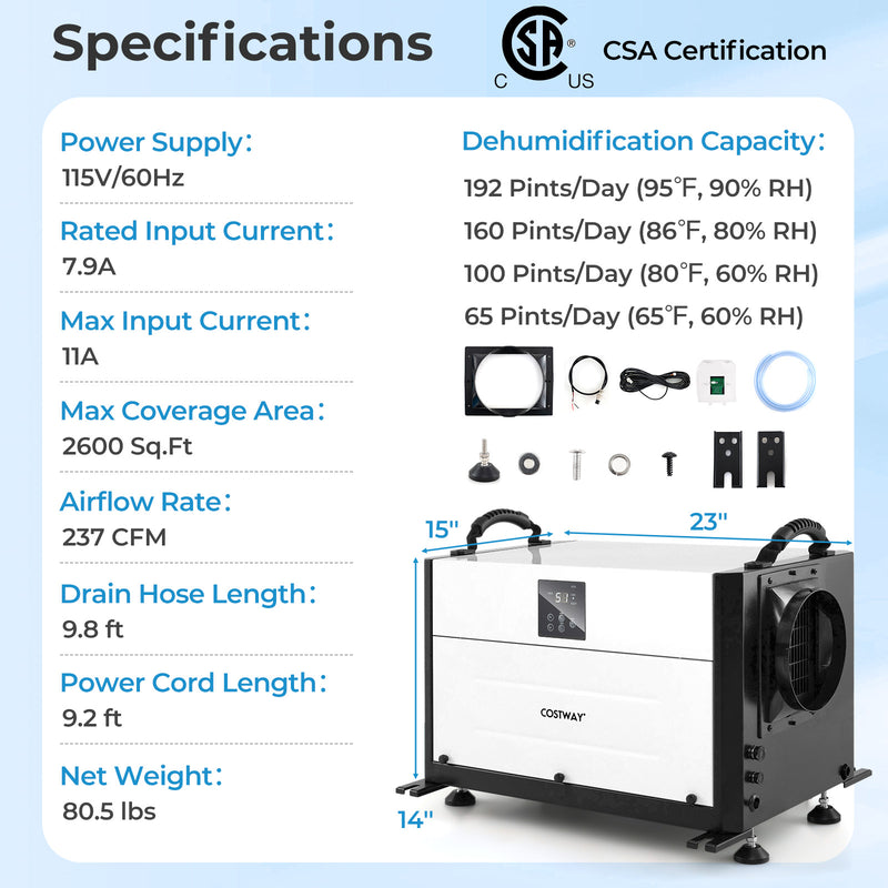 192 Pint Crawl Space Dehumidifier with Remote Control and 24H Timer, Commercial Dehumidifier with Auto Defrost, Memory Function, LED Display for Crawlspaces Basements