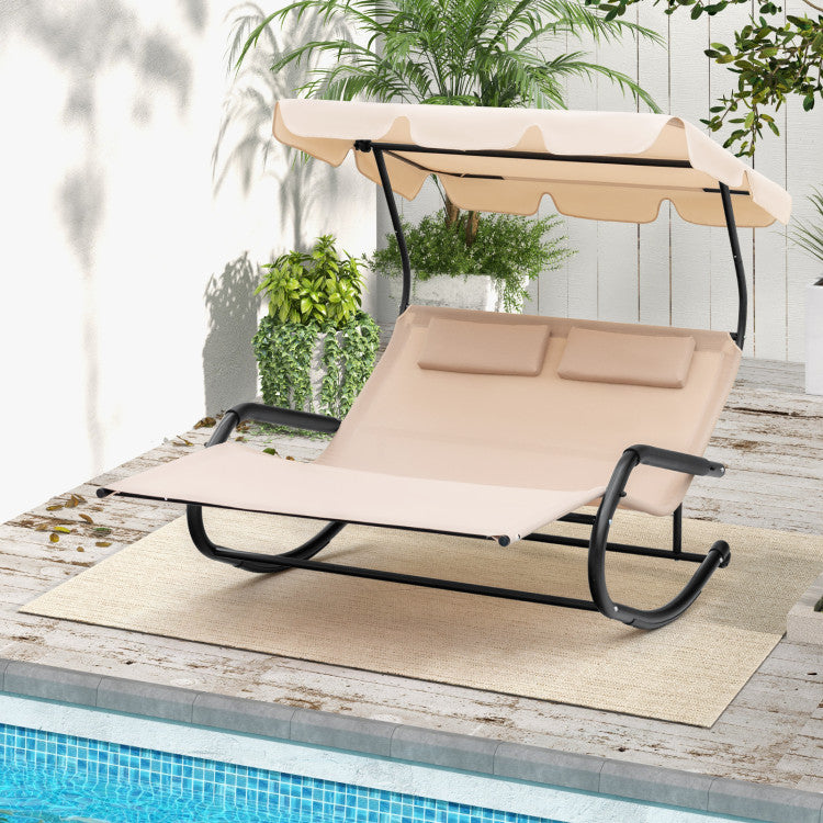 2 Person Lounge Chair Outdoor Chaise Rocking Chair with Canopy and Detachable Pillows