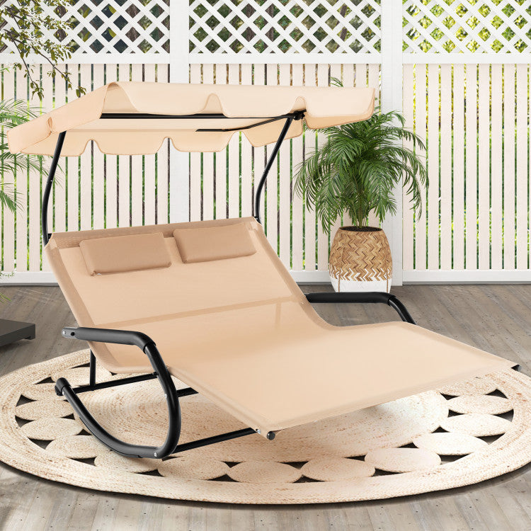 2 Person Lounge Chair Outdoor Chaise Rocking Chair with Canopy and Detachable Pillows