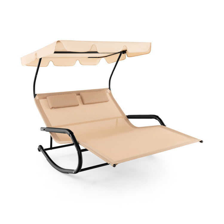 2 Person Lounge Chair Outdoor Chaise Rocking Chair with Canopy and Detachable Pillows