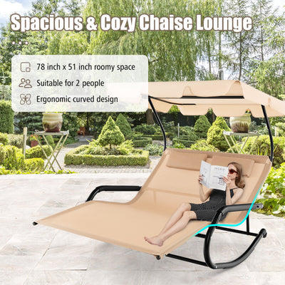 2 Person Lounge Chair Outdoor Chaise Rocking Chair with Canopy and Detachable Pillows