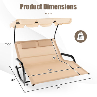 2 Person Lounge Chair Outdoor Chaise Rocking Chair with Canopy and Detachable Pillows