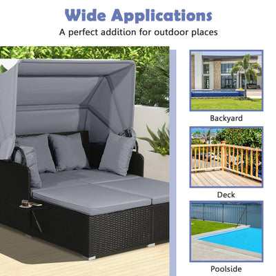 2-Person Outdoor Rattan Daybed Patio Wicker Loveseat Sofa Set with Retractable Canopy and Cushions