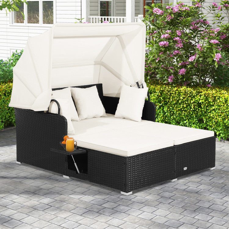 2-Person Outdoor Rattan Daybed Patio Wicker Loveseat Sofa Set with Retractable Canopy and Cushions