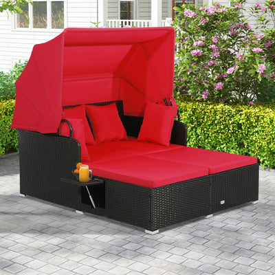 2-Person Outdoor Rattan Daybed Patio Wicker Loveseat Sofa Set with Retractable Canopy and Cushions