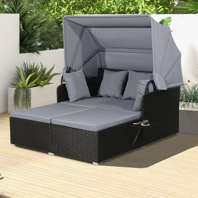 2-Person Outdoor Rattan Daybed Patio Wicker Loveseat Sofa Set with Retractable Canopy and Cushions