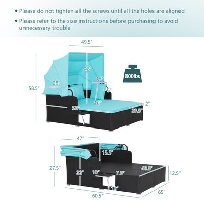 2-Person Outdoor Rattan Daybed Patio Wicker Loveseat Sofa Set with Retractable Canopy and Cushions