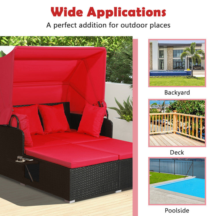 2-Person Outdoor Rattan Daybed Patio Wicker Loveseat Sofa Set with Retractable Canopy and Cushions