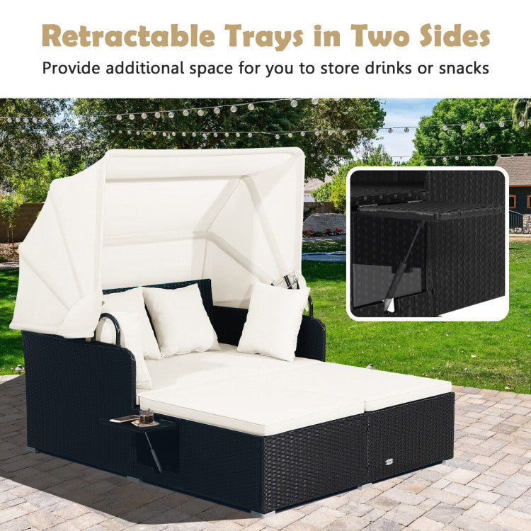 2-Person Outdoor Rattan Daybed Patio Wicker Loveseat Sofa Set with Retractable Canopy and Cushions