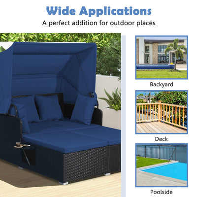 2-Person Outdoor Rattan Daybed Patio Wicker Loveseat Sofa Set with Retractable Canopy and Cushions