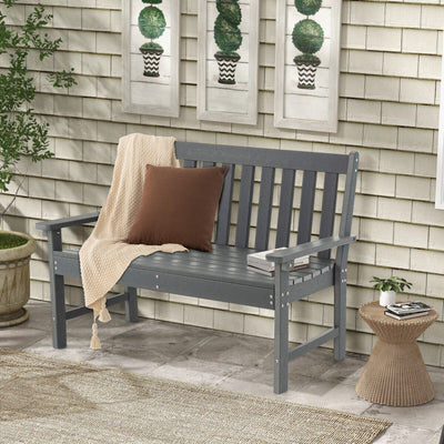 2-Person Slatted Patio Bench 52 Inch Outdoor All-Weather HDPE Garden Bench with Armrests and Backrest