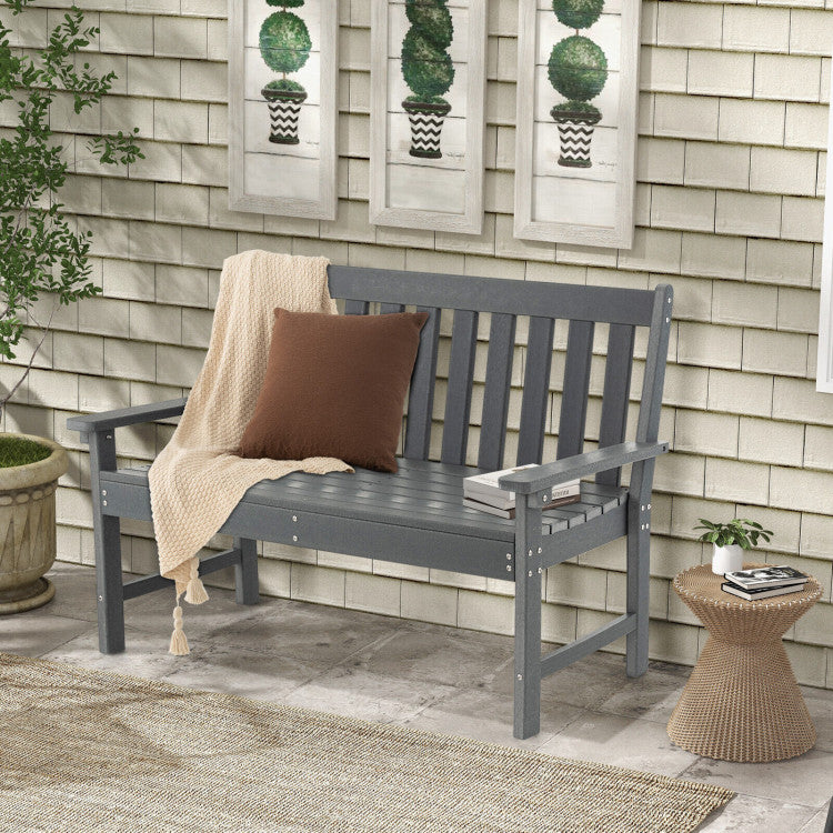 2-Person Slatted Patio Bench 52 Inch Outdoor All-Weather HDPE Garden Bench with Armrests and Backrest