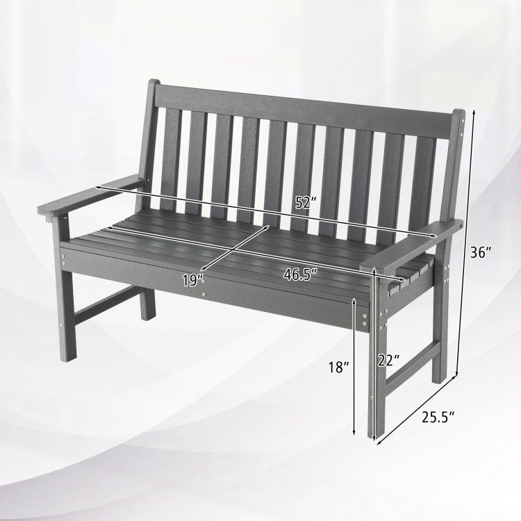 2-Person Slatted Patio Bench 52 Inch Outdoor All-Weather HDPE Garden Bench with Armrests and Backrest
