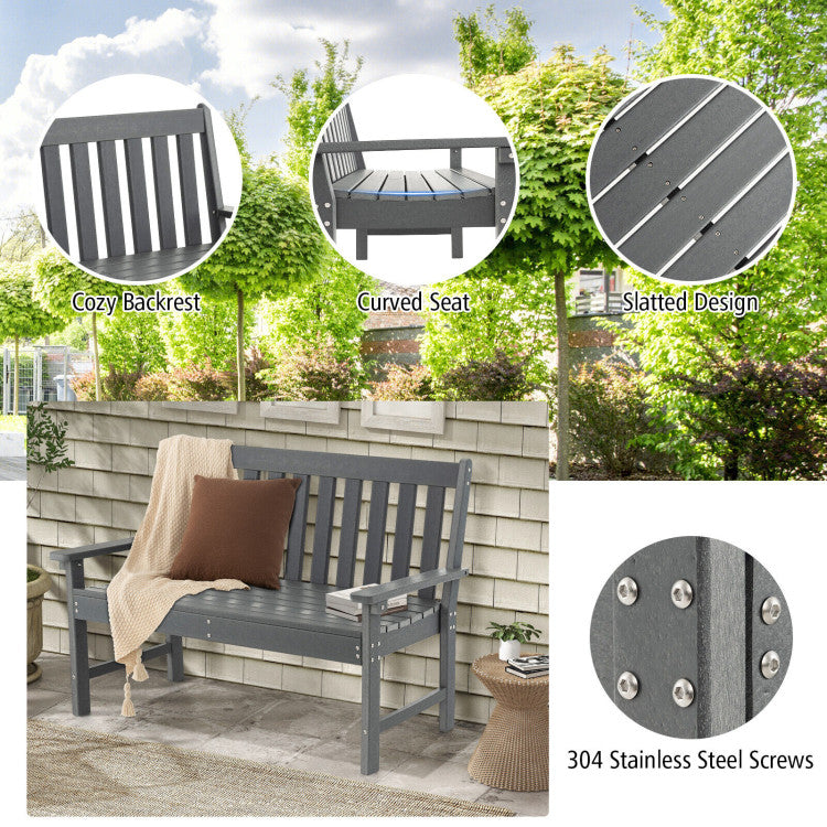 2-Person Slatted Patio Bench 52 Inch Outdoor All-Weather HDPE Garden Bench with Armrests and Backrest