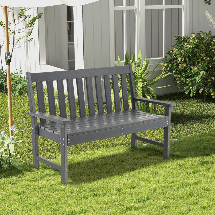 2-Person Slatted Patio Bench 52 Inch Outdoor All-Weather HDPE Garden Bench with Armrests and Backrest