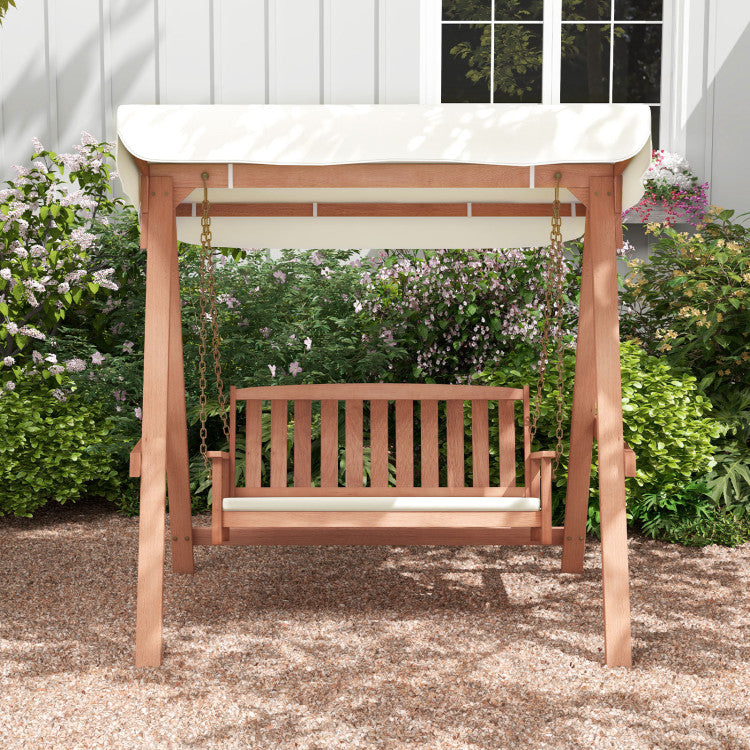 2-Seat Porch Swing Outdoor Hanging Bench with Cushion and Functional Top Canopy