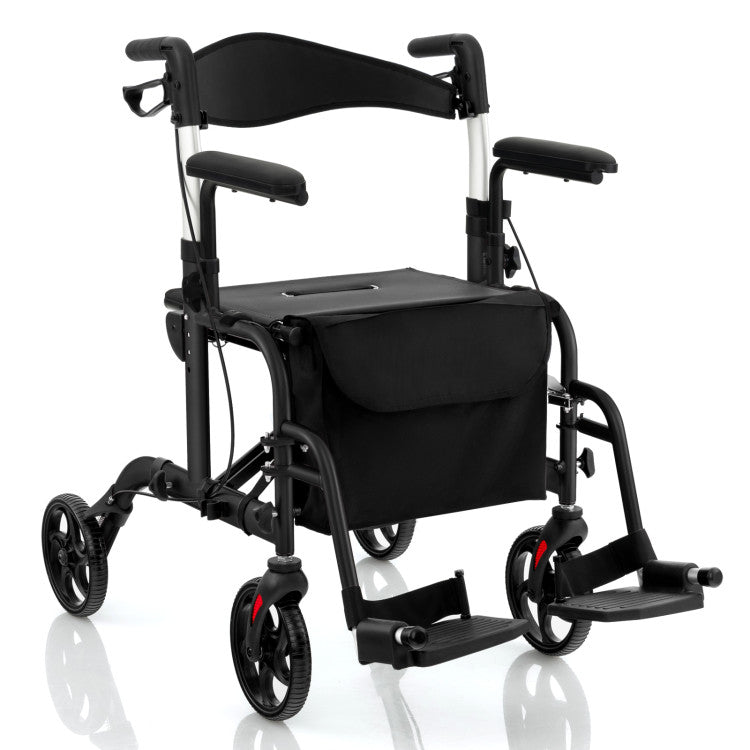 2-in-1 Foldable Rollator Walker Lightweight Mobility Walking Aid Wheelchair with Adjustable Handles and Ergonomic Brakes