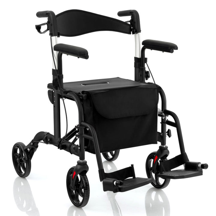 2-in-1 Foldable Rollator Walker Lightweight Mobility Walking Aid Wheelchair with Adjustable Handles and Ergonomic Brakes