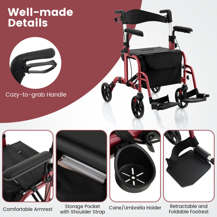 2-in-1 Foldable Rollator Walker Lightweight Mobility Walking Aid Wheelchair with Adjustable Handles and Ergonomic Brakes