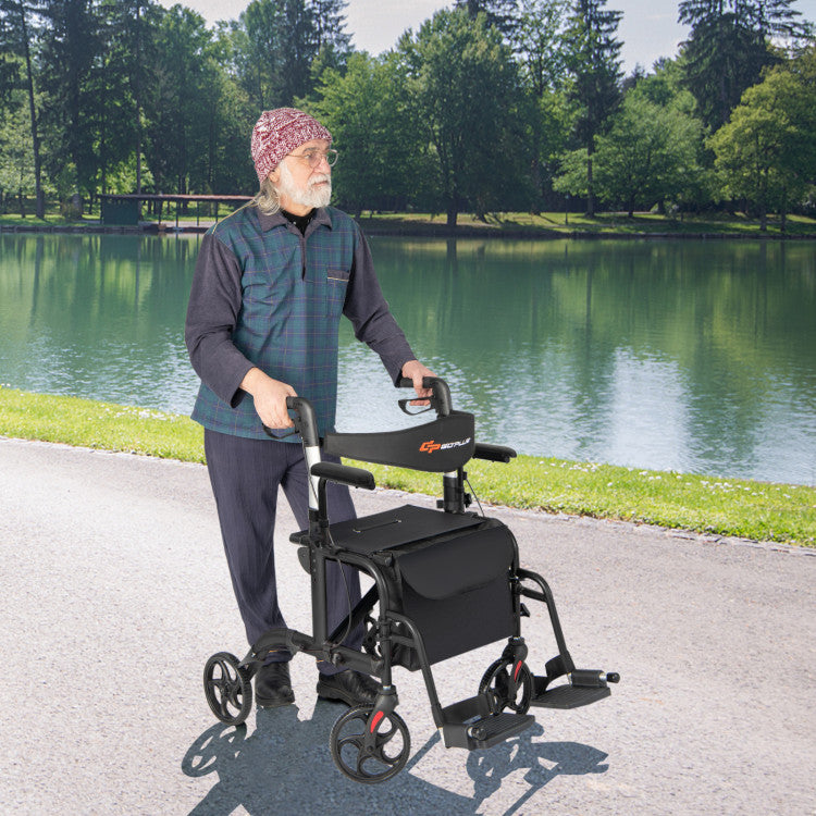 2-in-1 Foldable Rollator Walker Lightweight Mobility Walking Aid Wheelchair with Adjustable Handles and Ergonomic Brakes