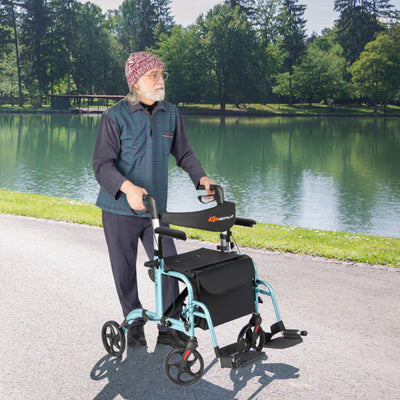 2-in-1 Foldable Rollator Walker Lightweight Mobility Walking Aid Wheelchair with Adjustable Handles and Ergonomic Brakes