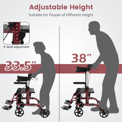 2-in-1 Foldable Rollator Walker Lightweight Mobility Walking Aid Wheelchair with Adjustable Handles and Ergonomic Brakes