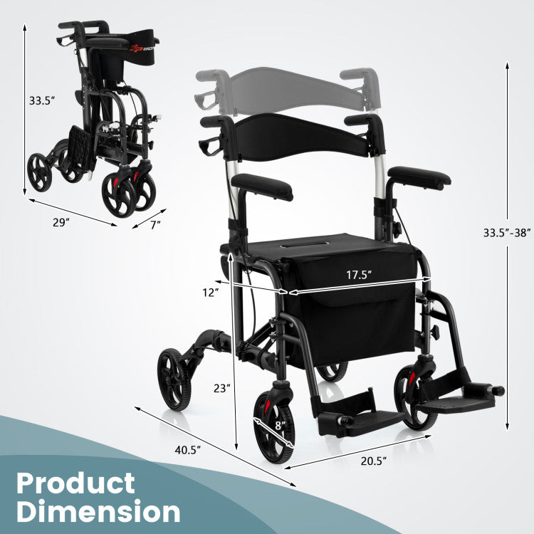 2-in-1 Foldable Rollator Walker Lightweight Mobility Walking Aid Wheelchair with Adjustable Handles and Ergonomic Brakes