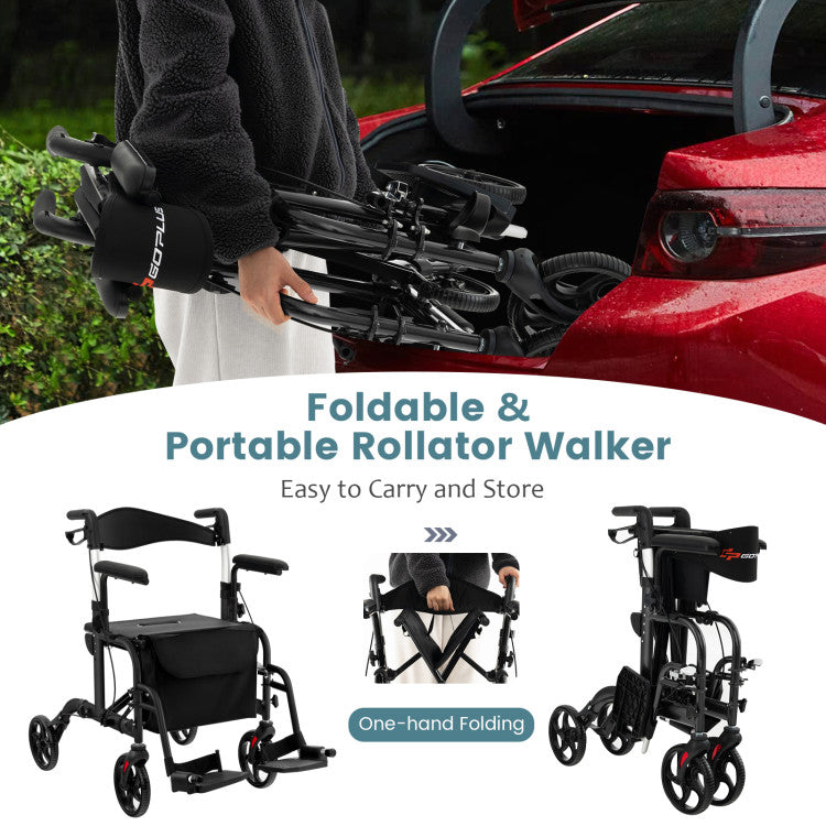 2-in-1 Foldable Rollator Walker Lightweight Mobility Walking Aid Wheelchair with Adjustable Handles and Ergonomic Brakes
