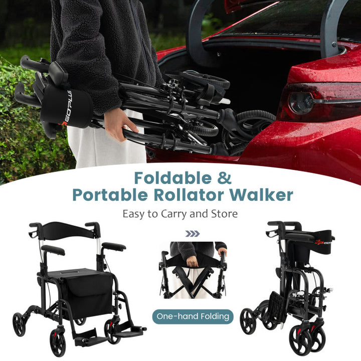 2-in-1 Foldable Rollator Walker Lightweight Mobility Walking Aid Wheelchair with Adjustable Handles and Ergonomic Brakes