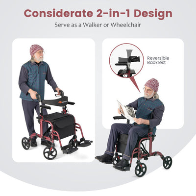 2-in-1 Foldable Rollator Walker Lightweight Mobility Walking Aid Wheelchair with Adjustable Handles and Ergonomic Brakes