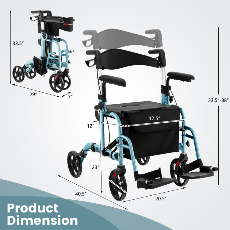 2-in-1 Foldable Rollator Walker Lightweight Mobility Walking Aid Wheelchair with Adjustable Handles and Ergonomic Brakes