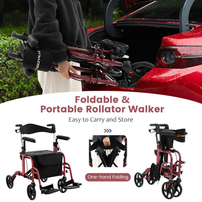 2-in-1 Foldable Rollator Walker Lightweight Mobility Walking Aid Wheelchair with Adjustable Handles and Ergonomic Brakes