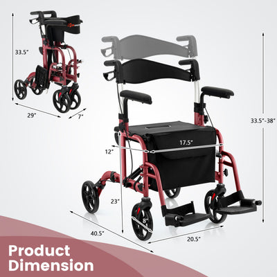 2-in-1 Foldable Rollator Walker Lightweight Mobility Walking Aid Wheelchair with Adjustable Handles and Ergonomic Brakes