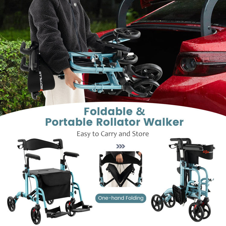 2-in-1 Foldable Rollator Walker Lightweight Mobility Walking Aid Wheelchair with Adjustable Handles and Ergonomic Brakes