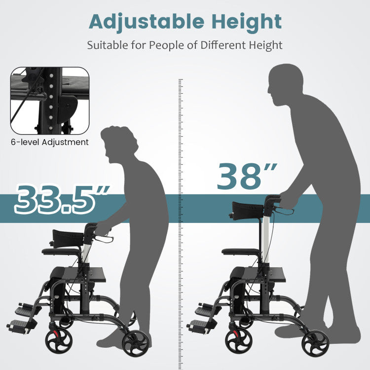 2-in-1 Foldable Rollator Walker Lightweight Mobility Walking Aid Wheelchair with Adjustable Handles and Ergonomic Brakes