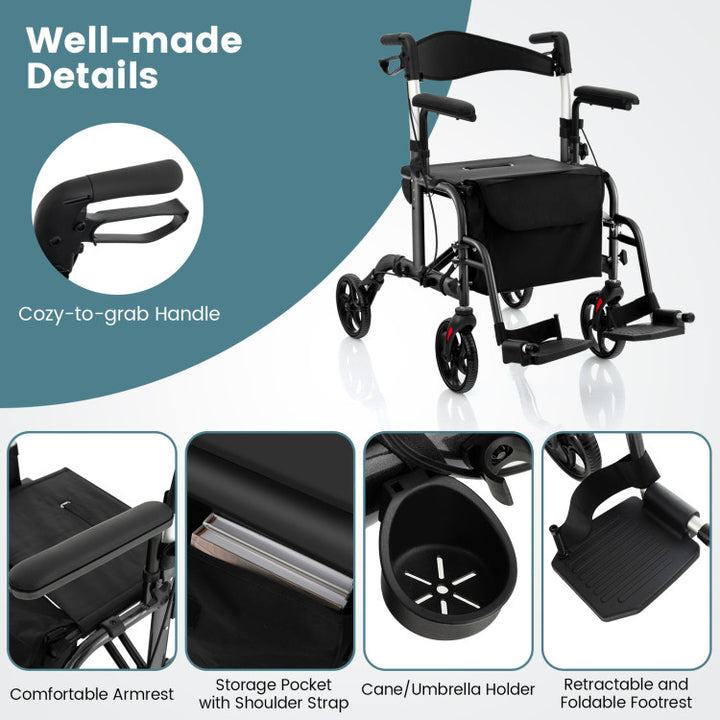 2-in-1 Foldable Rollator Walker Lightweight Mobility Walking Aid Wheelchair with Adjustable Handles and Ergonomic Brakes