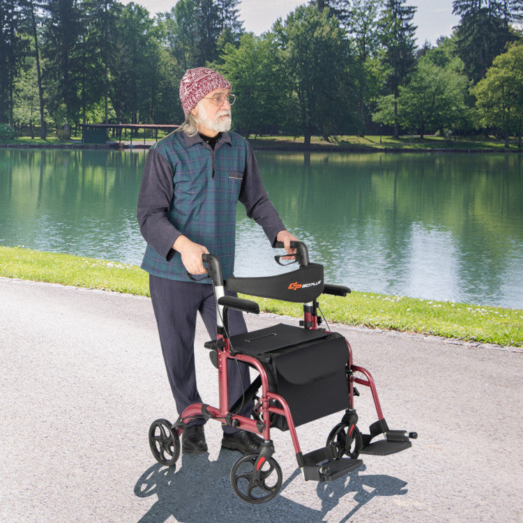 2-in-1 Foldable Rollator Walker Lightweight Mobility Walking Aid Wheelchair with Adjustable Handles and Ergonomic Brakes