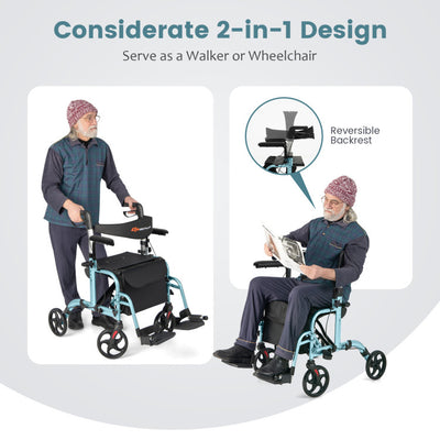 2-in-1 Foldable Rollator Walker Lightweight Mobility Walking Aid Wheelchair with Adjustable Handles and Ergonomic Brakes