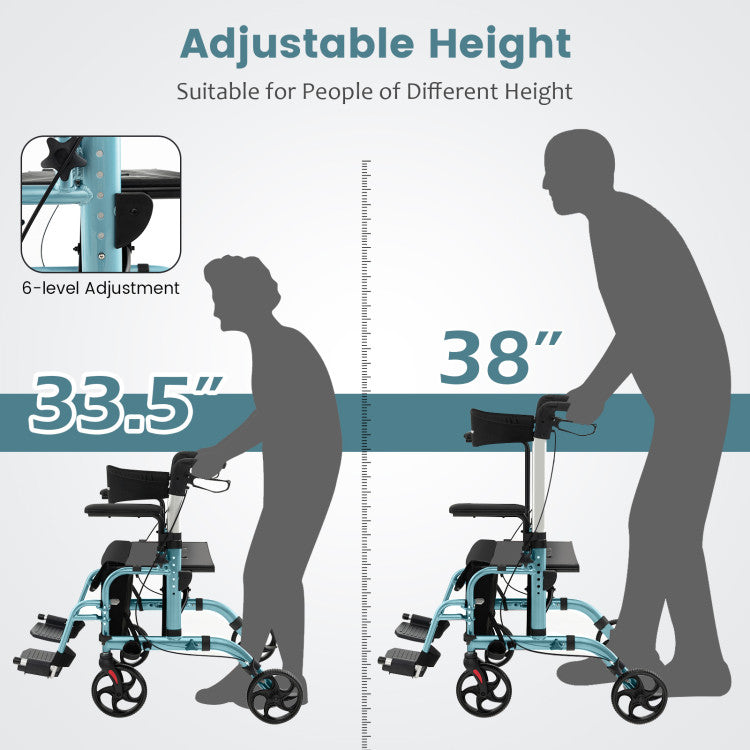 2-in-1 Foldable Rollator Walker Lightweight Mobility Walking Aid Wheelchair with Adjustable Handles and Ergonomic Brakes