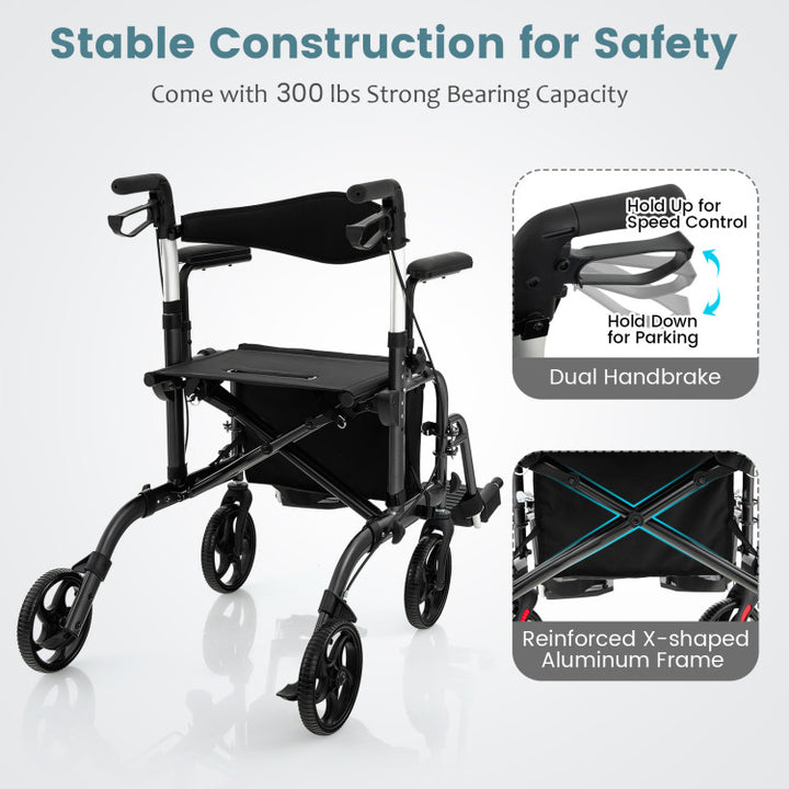 2-in-1 Foldable Rollator Walker Lightweight Mobility Walking Aid Wheelchair with Adjustable Handles and Ergonomic Brakes