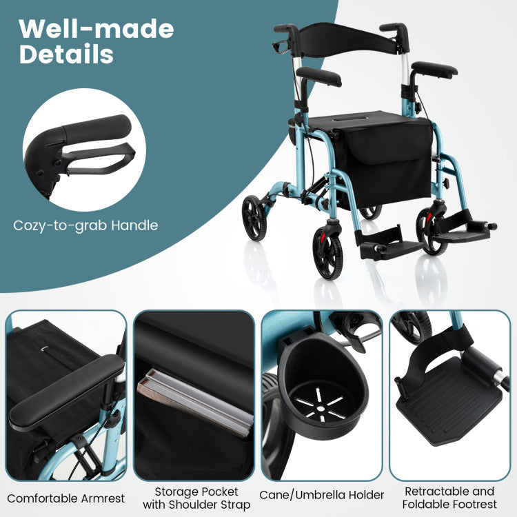 2-in-1 Foldable Rollator Walker Lightweight Mobility Walking Aid Wheelchair with Adjustable Handles and Ergonomic Brakes