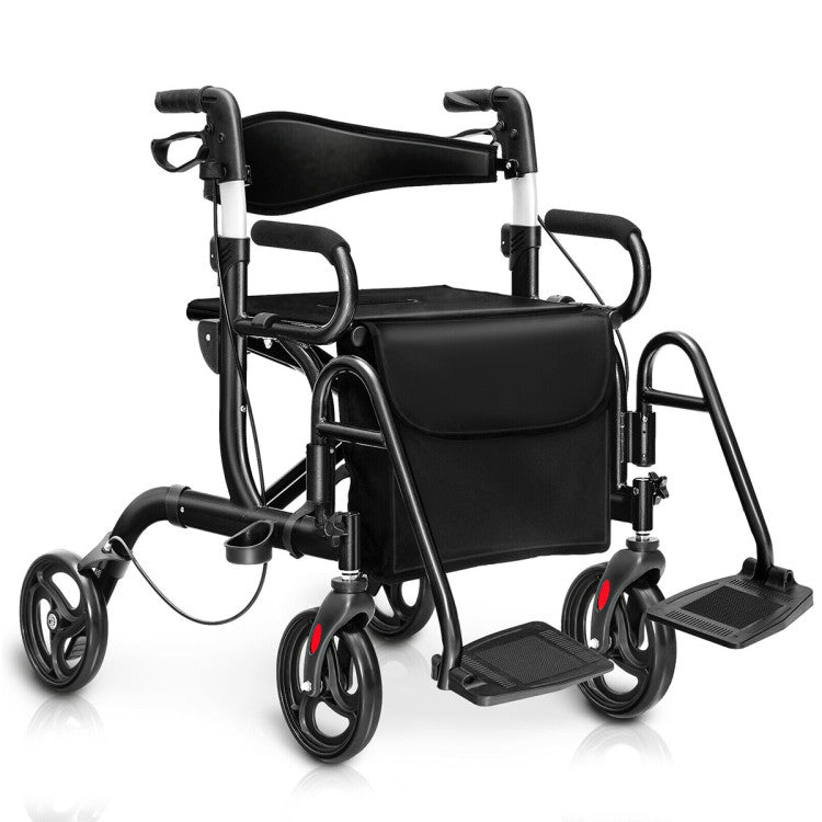 2-in-1 Folding Rollator Walker Transport Wheelchair with Detachable Storage Bag and Height Adjustable Handle