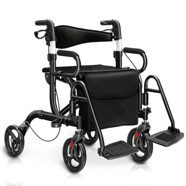 2-in-1 Folding Rollator Walker Transport Wheelchair with Detachable Storage Bag and Height Adjustable Handle