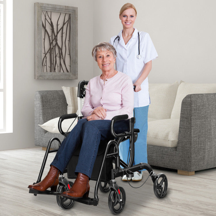 2-in-1 Folding Rollator Walker Transport Wheelchair with Detachable Storage Bag and Height Adjustable Handle