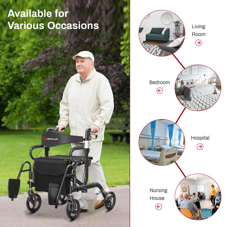 2-in-1 Folding Rollator Walker Transport Wheelchair with Detachable Storage Bag and Height Adjustable Handle