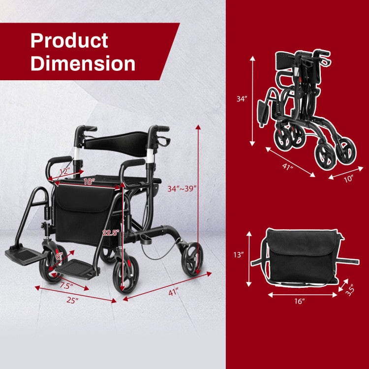 2-in-1 Folding Rollator Walker Transport Wheelchair with Detachable Storage Bag and Height Adjustable Handle