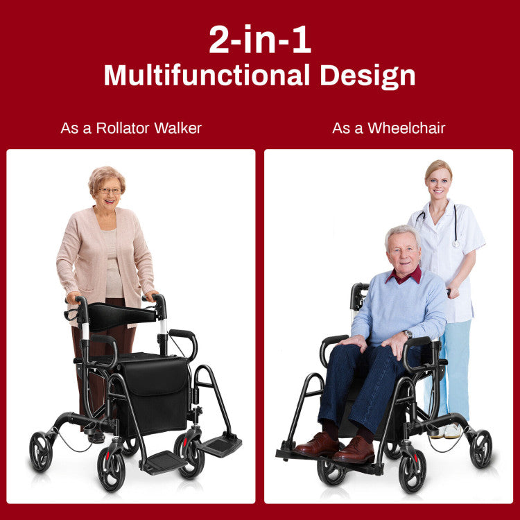 2-in-1 Folding Rollator Walker Transport Wheelchair with Detachable Storage Bag and Height Adjustable Handle